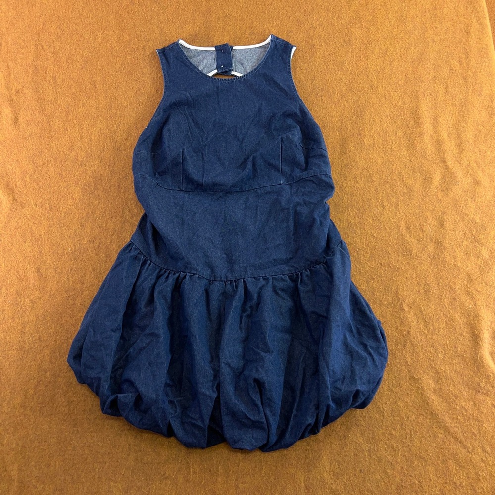SHEIN Curve Womens 1XL Blue Denim Open Back Bubble Hem Mini Dress New